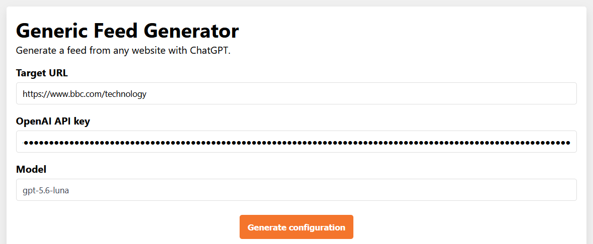 Generic Feed Generator form with a target URL and OpenAI API key
