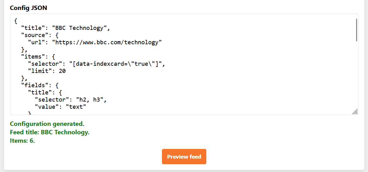 Generic Feed Generator result after ChatGPT created the feed configuration