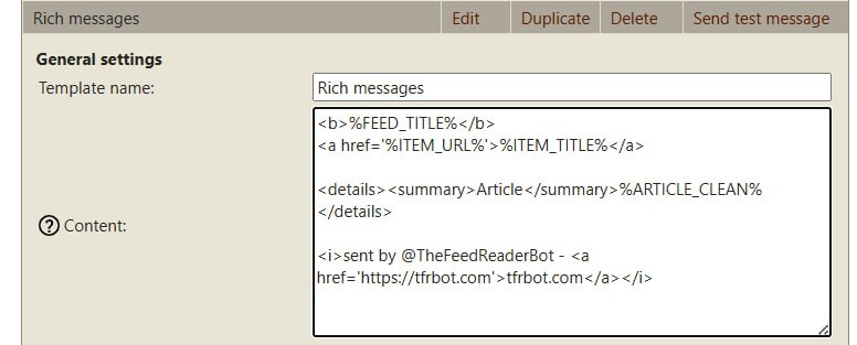 Template editor showing a collapsible article with ARTICLE_CLEAN