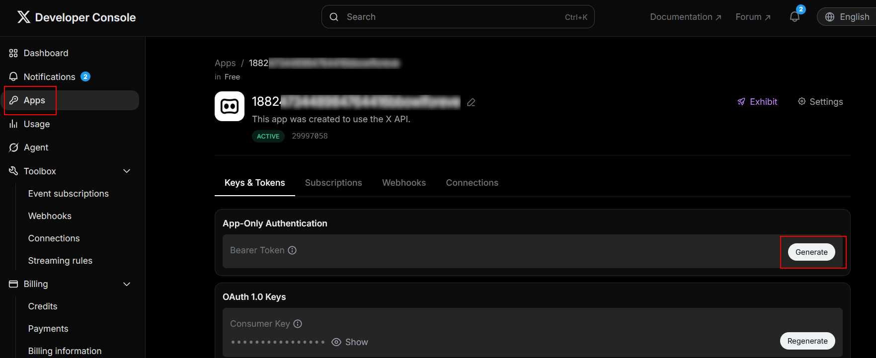 X console app keys page with Bearer token