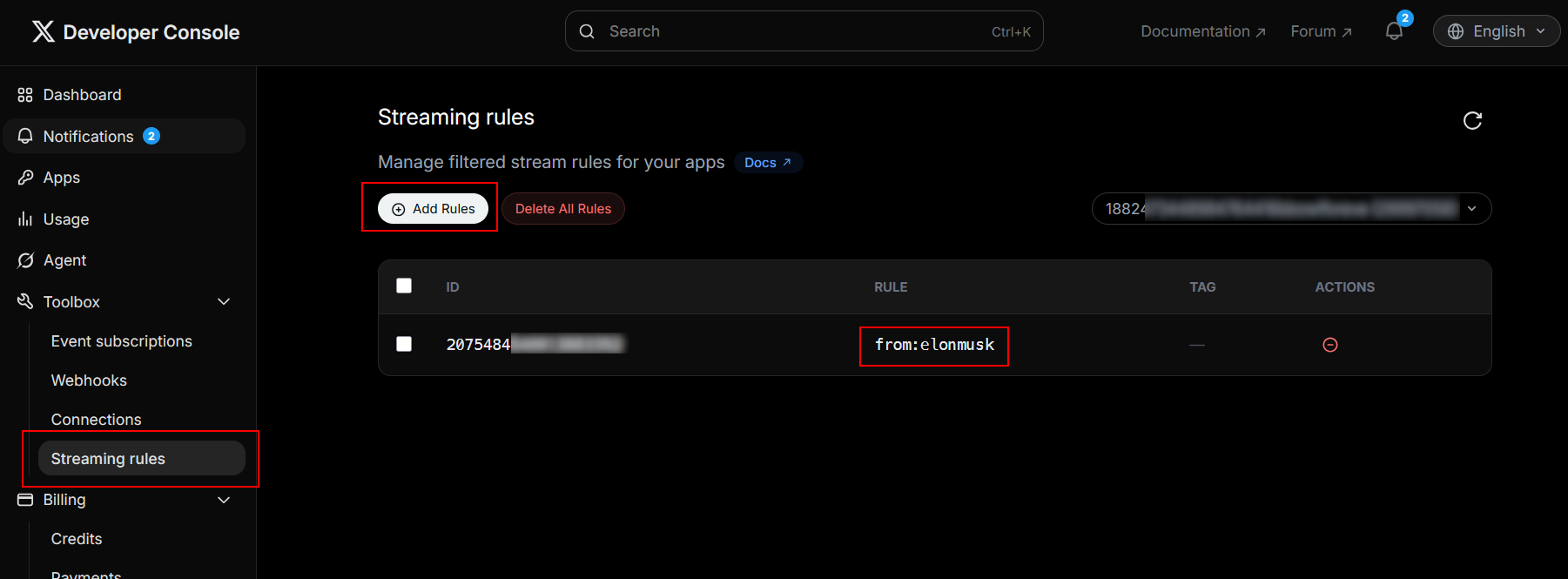 X console streaming rules page